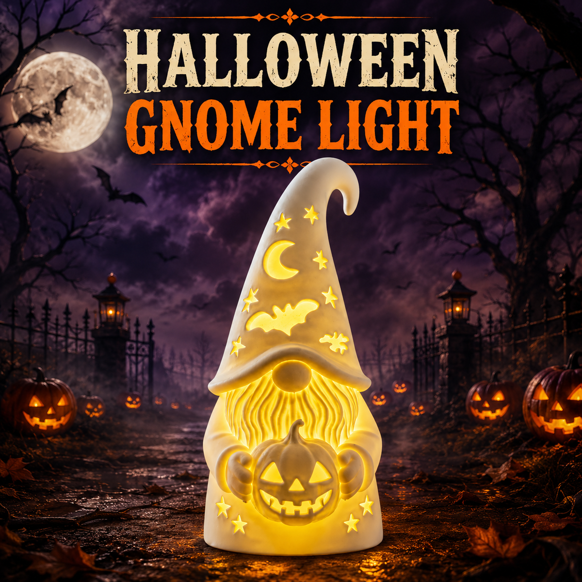 Halloween Gnome Light | Glowing Pumpkin & Moon Décor